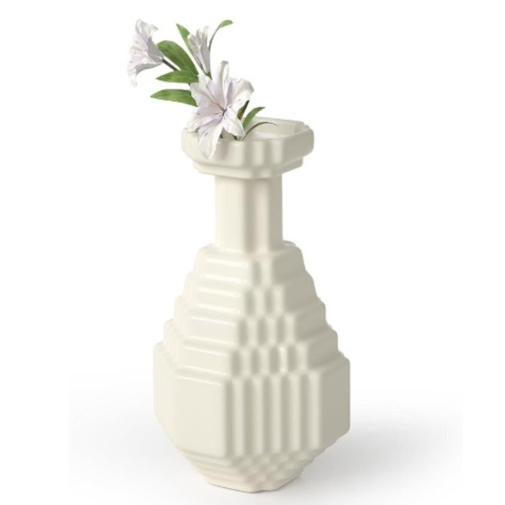 White Checkered Decorative Mosaic Plaid Design Ceramic Vase, 9.5 Inch